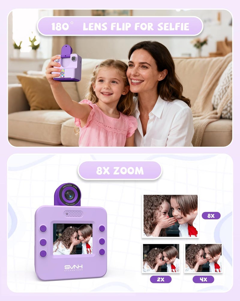 Sylvanthos Kids Camera Instant Print, Digital Camera for Kids, 180° Rotating Selfie Lens with 32GB SD Card & 2 Rolls Printing Paper Kids Toy Birthday Gifts for Boys Girls Ages 3-12, Purple - Image 4